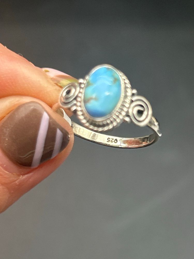 Artisan-Made Sterling Silver 925 Blue Turquoise Ring Size 7 – Swirl Design & Rope Bezel