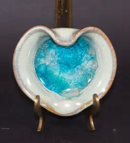 Art Pottery Turquoise Heart Shape Recycled Glass Trinket Dish Made in USA