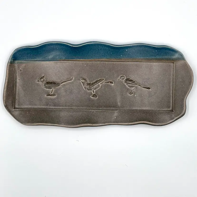 Studio Art Pottery Bird Tray 12" x 5" Denim Blue And Brown Glazed Unsigned
