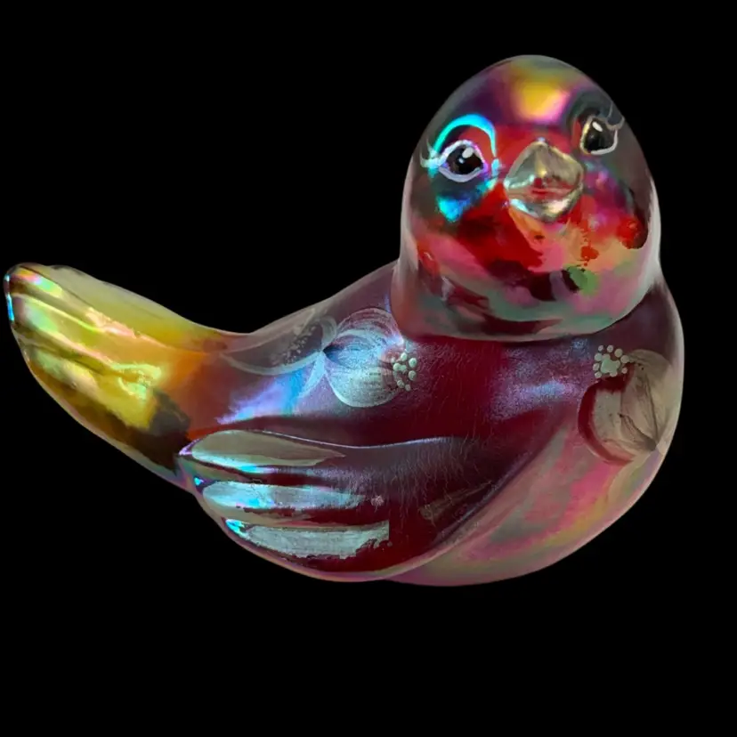 Vintage Fenton Ruby Carnival Glass Songbird HP By Sheela Miller 3”x 4”-GLOWS