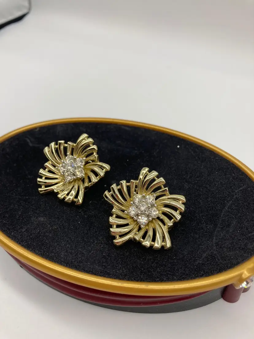 Gold Tone Spiral Flare Clip Earrings with Rhinestones