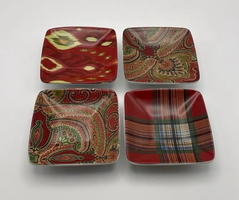 Pottery Barn, 4 Red Ikat Plaid and Paisley, Tidbit/Olive Oil Dipping Dishes