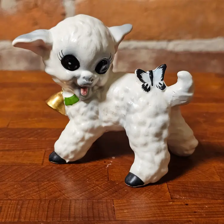 Vintage Josef Originals Lamb Figurine Big Eye Sheep Bell Japan 1960s Easter Kitsch