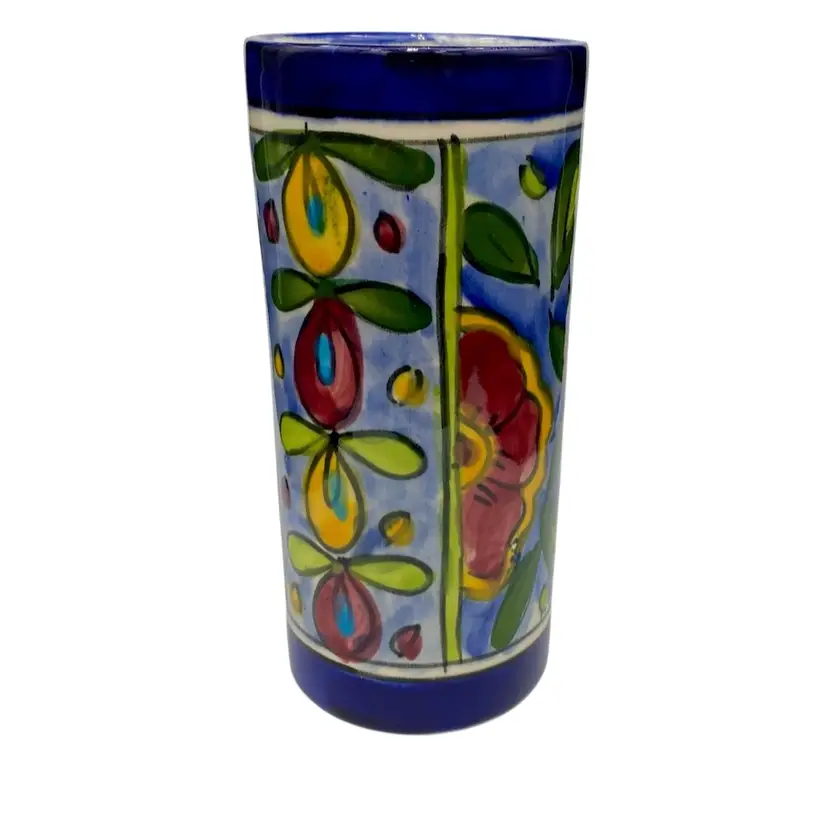 Talavera Mexican Pottery Cylinder Vase, Lead Free, Hand-Painted, 6.25", Cobalt
