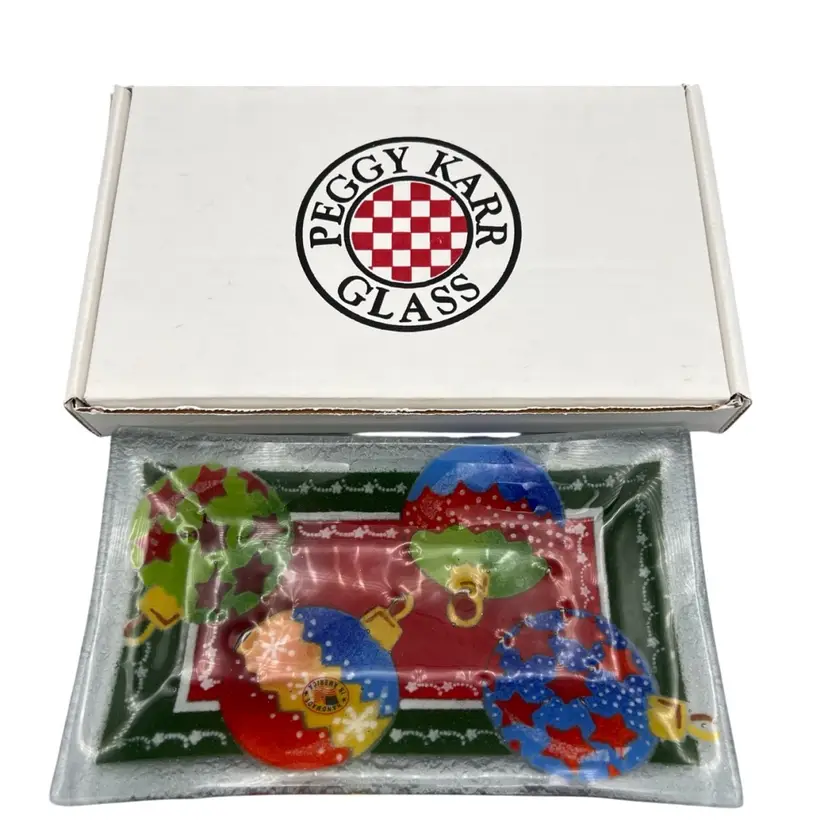 Peggy Karr Art Glass Rectangle Plate Christmas Ornaments 9.5” Signed