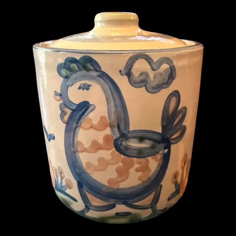 MA Hadley Stoneware Pottery Rooster Canister Jar & Lid 6.5”x6”