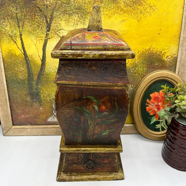 Large Wooden Hand Painted Storage Box Folk Art