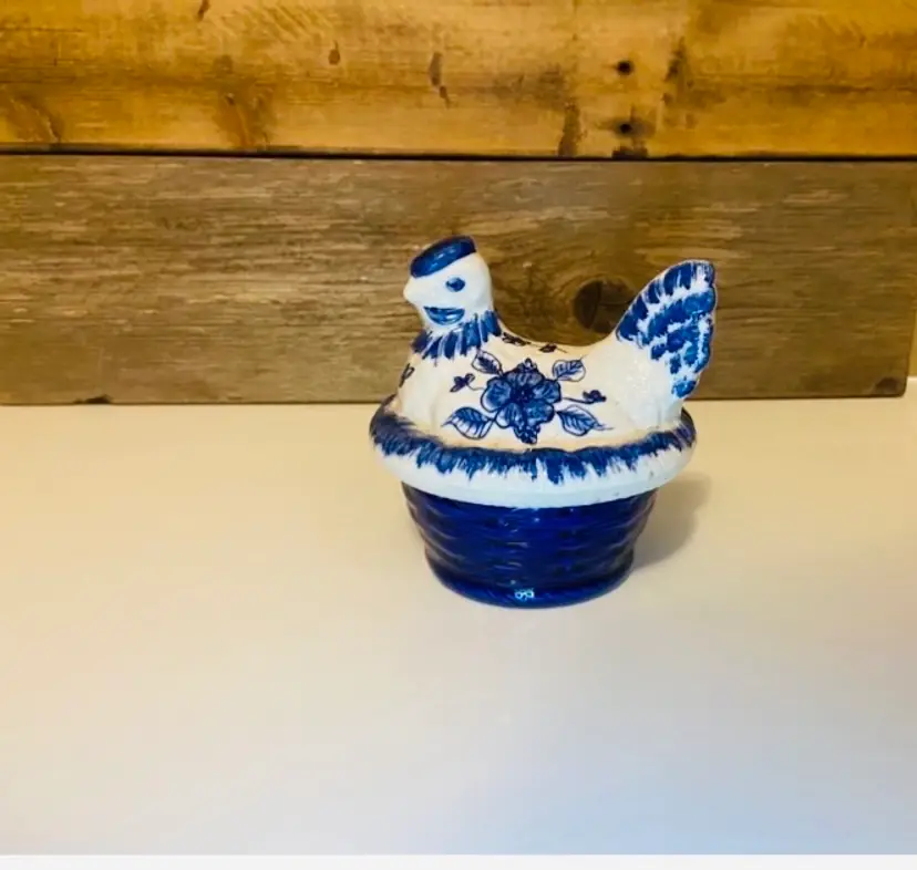 Vintage Blue and White Hen on Nest Small Tureen Portugal Country Farmhouse CottageCore