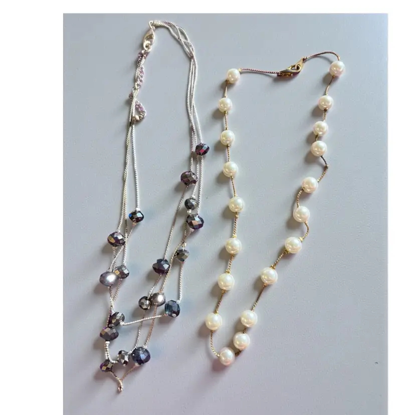 2 - Vintage 80s Station Bead Necklaces - 1 Faux Pearl - 1 Black Glass - Lot