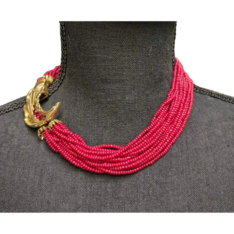 Vintage Red Glass Beaded Statement Necklace