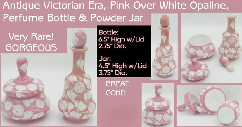 Antique Victorian Era Pink Over White Opaline Perfume Bottle & Dresser Jar, RARE!