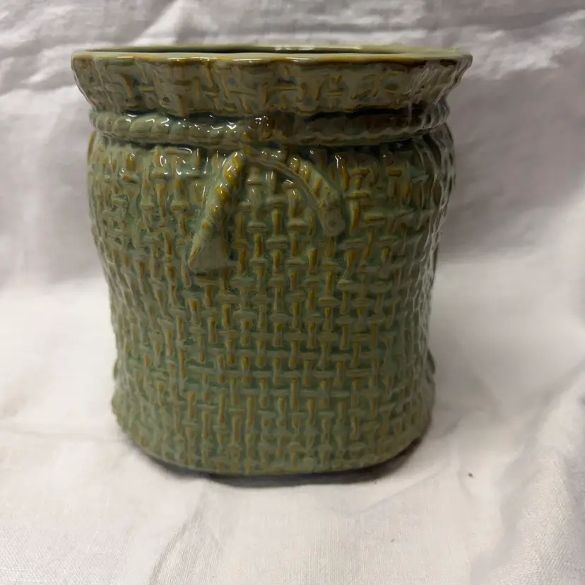 Vintage McCoy #1629 Glazed Pottery Green Burlap Sack Planter / Vase 6.5 Inches