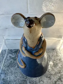 Studio Pottery Mouse Figurine - Blue Glaze Stoneware Handmade Folk Art 6" Tall