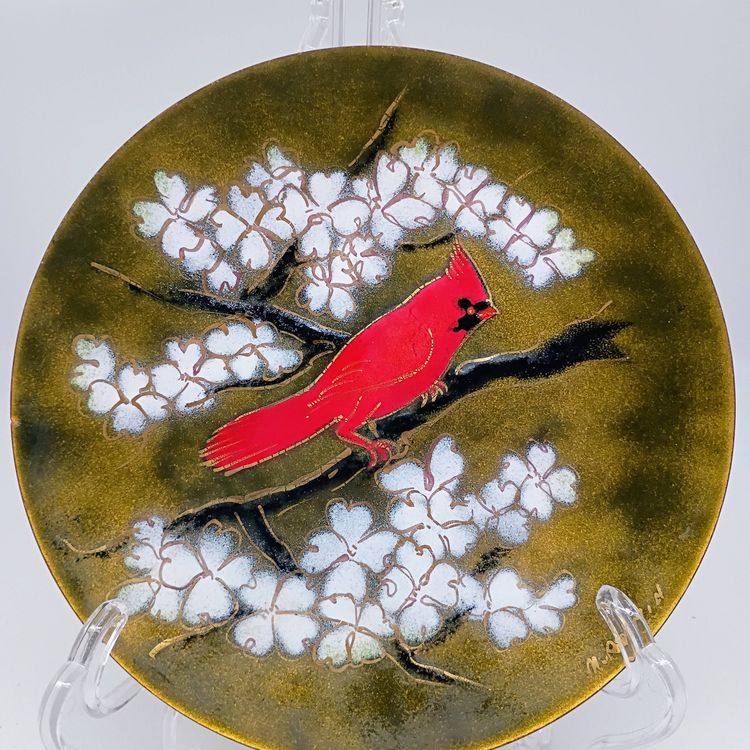 Enamel on Copper Red Cardinal on Dogwood Branch Decorative Plate Signed