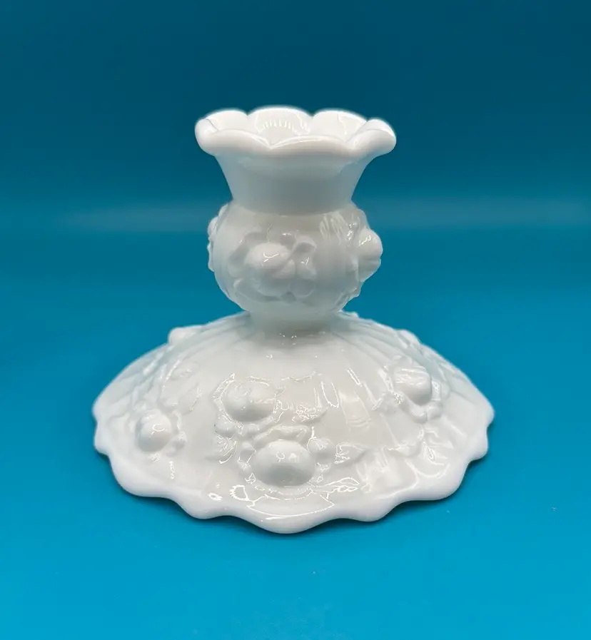 Fenton Candle Holder Cabbage Rose Pattern  White Milk Glass 3.5" Tall