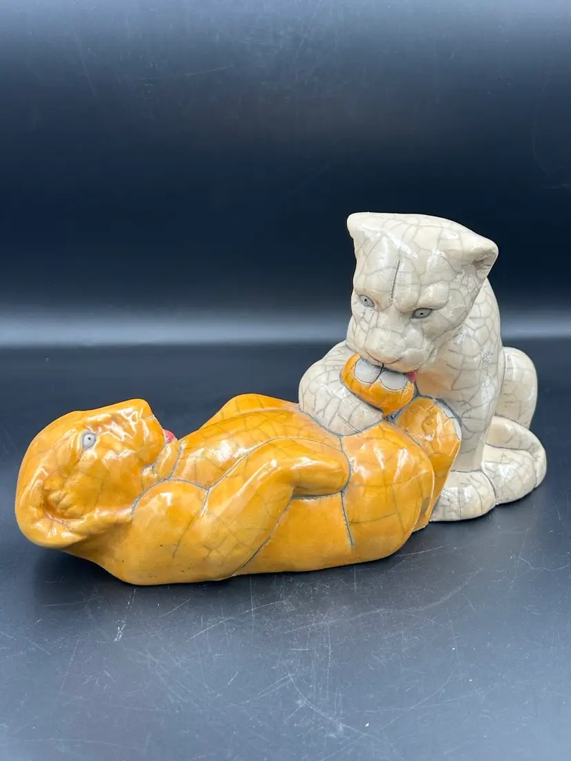 Raku Pottery Lion Cub, Playing Figurine/Statue Signed South Africa