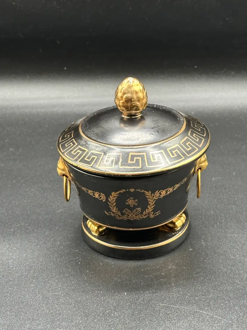 Vintage Ceramic ARDALT LIDDED Jar vanity Candy Lion Head  Handles JAPAN 1950s