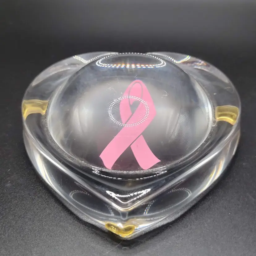 Heart Shaped Glass Breast Cancer Awarness Ribbon Paperweight Bubble Top