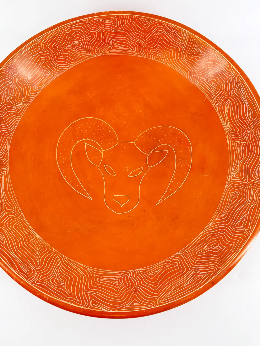 Large 12" Orange Soapstone Hand Etched Bowl With Etched Ram African Decor