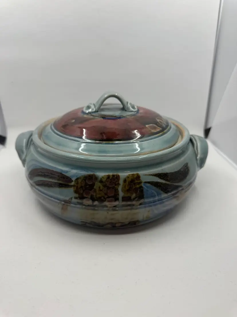 Don Herron studio pottery lidded tureen with abstract glaze decoration- As Is, Ships Alone