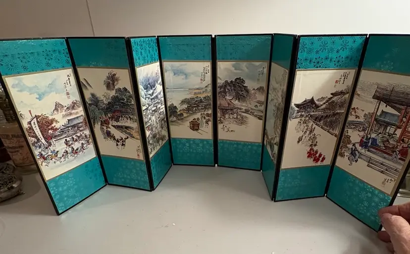 Vintage Chinese Seasonal Art On A Mini Folding Screen