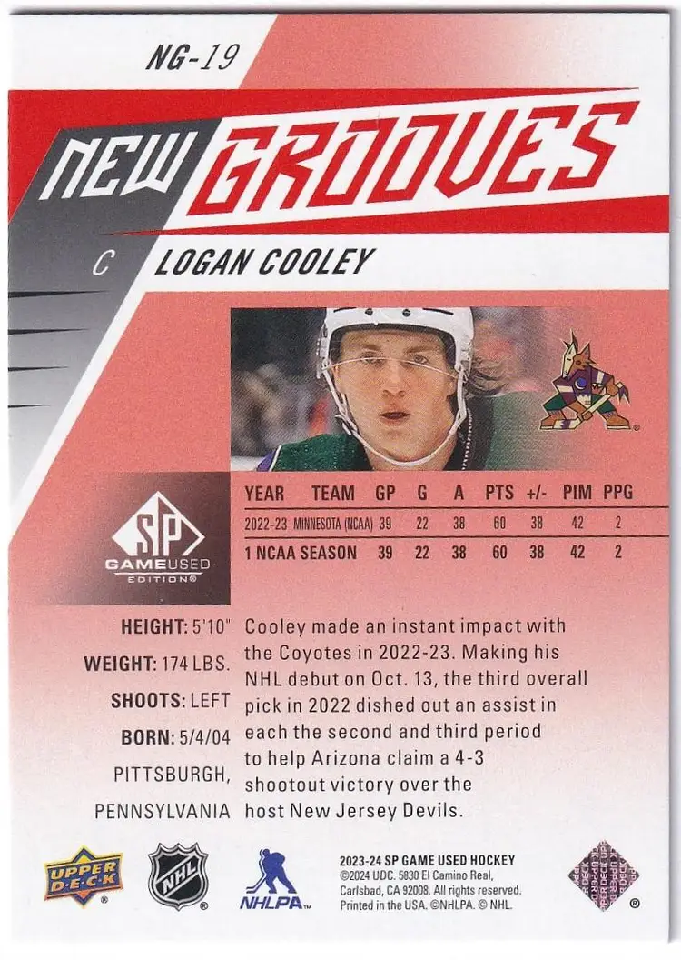 2023-24 SP Game Used New Grooves Red #NG19 Logan Cooley Arizona Coyotes Hockey Card