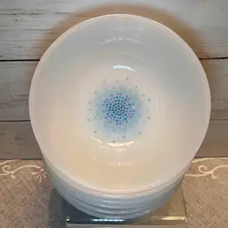 6 Anchor Hocking Fire-King Blue Mosaic Fruit Dessert Bowls 4.5" MCM 1966-1969