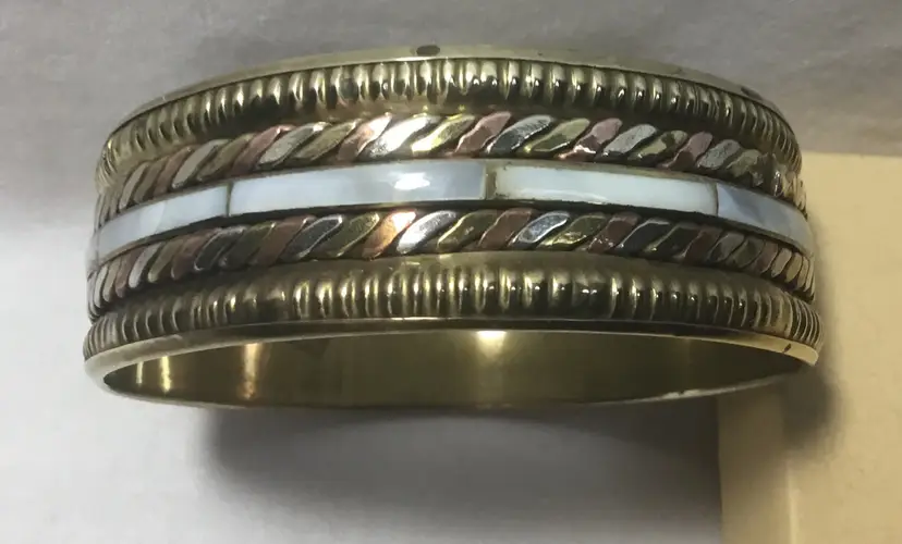 Bracelet, brass bangle, 3 tone metal inlays, mother of pearl inlays, India sz 8