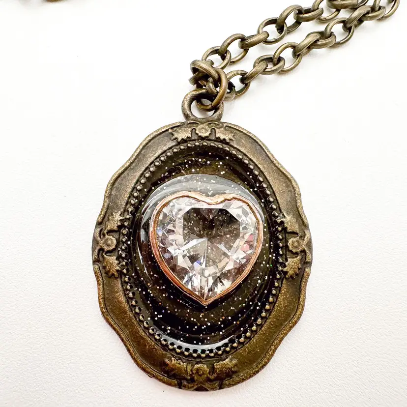Handmade Gold Tone Pendant Necklace Repurposed CZ Heart Jewelry