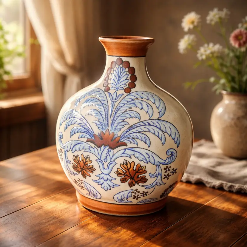 Stoneware Pottery Bud Vase, Cream Colored Base w/ Blue & Brown Floral Pattern