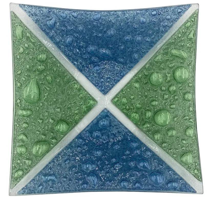 Fused Art Glass Plate, 9" Curved Square, Green, Blue and Clear Glass w/Bubbles