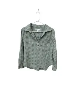 Christopher And Banks Petite Green White Square Button Down Back Long Sleeve Top Size PSmall