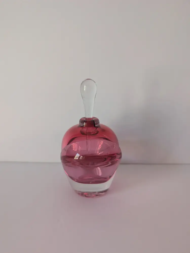 Vintage Handblown Pink Glass Perfume Bottle With Clear Stopper Signed 1992