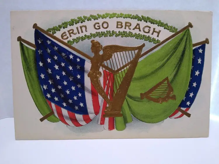 St Patrick's Day Postcard Erin Go Bragh Ireland US & Irish Flags Harp Unused