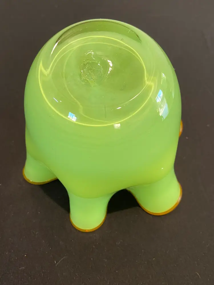 Handblown Art Glass Handkerchief Vase, Vibrant Green w/ Orange Rim, 4.5" Tall