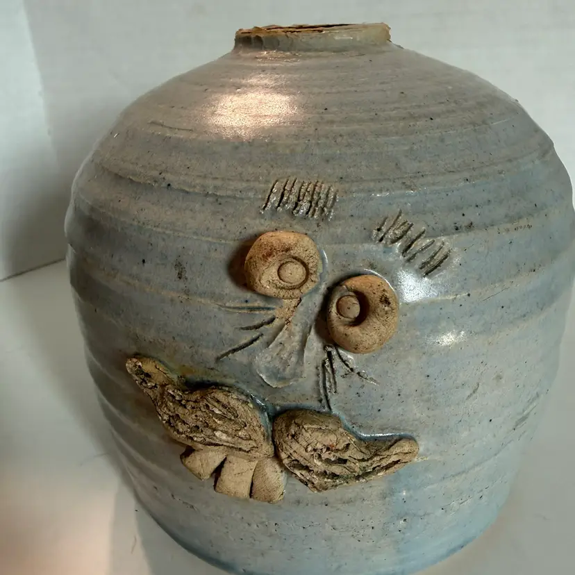 Vintage Folk Art Face Jug Vase Vessel Bluish Grey Funny Signed By Artist