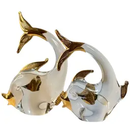 Two Murano Clear Glass Fish with Gold Accents 9.5”T & 7.5” T -Vintage-Art Glass-Paperweights