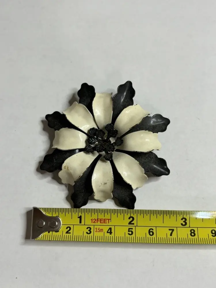 Vintage Large Enamel Black And White Flower Brooch Pin