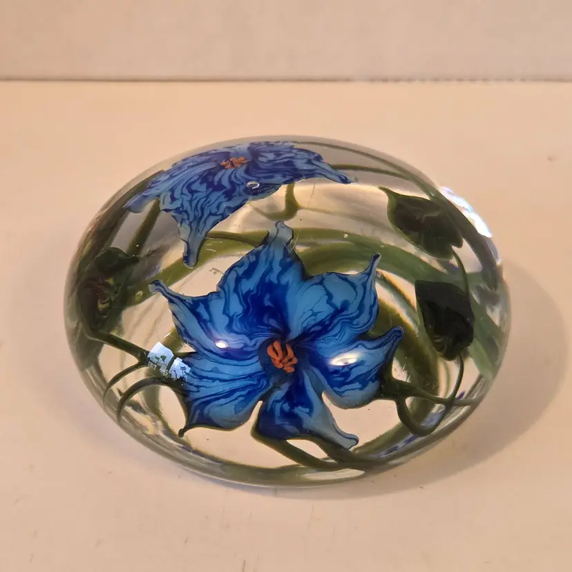 Richard Olma 1982 Blue Flowers Art Glass Paperweight Signed