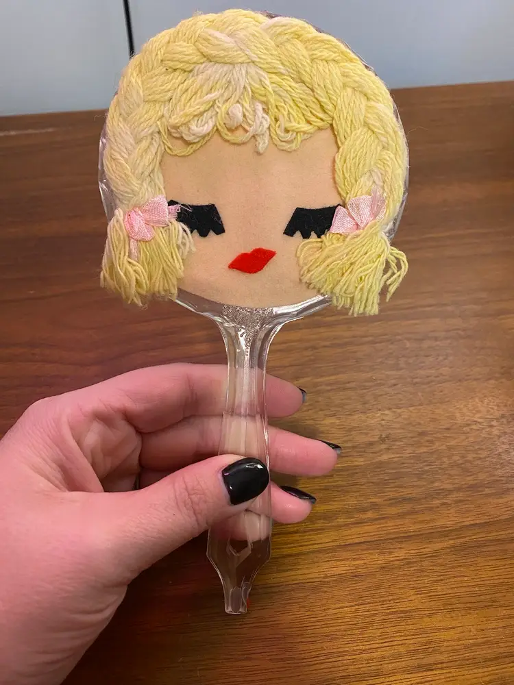 Adorable Kitschy Hand Mirror Felt Face Braided Yarn Hair Vanity