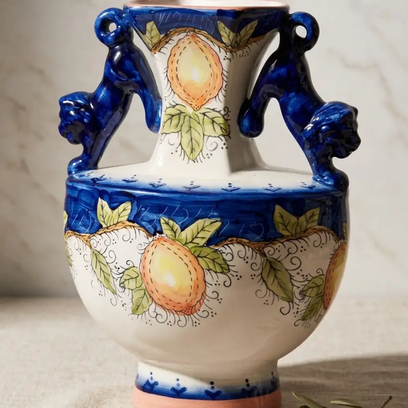 Italian Majolica Lemon Motif Vase with Sculptural Climbing Lion Handles