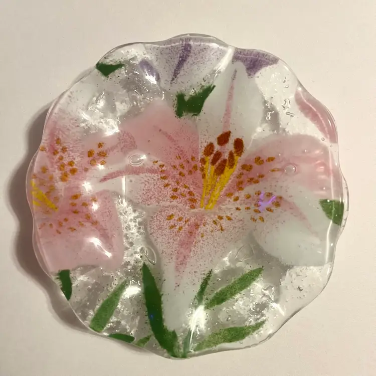 Anne C. Ross Fused Art Glass Lily Trinket Dish 4" Ruffled Edge Signed Vintage