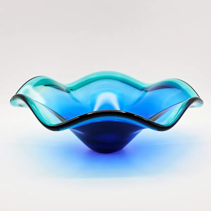Murano Centerpiece Console Bowl Crystal Clear Blue Green Italian Art Glass Vintage