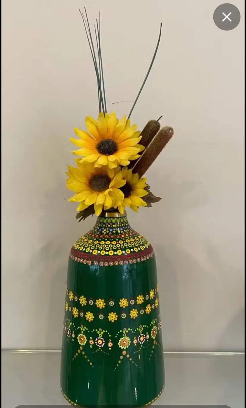Vintage Hand Painted Metal Vase with Brass Lip Mandala Dot Art