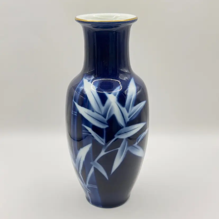 Vintage Blue Porcelain Vase with White Bamboo Design, Elegant Asian-Inspired Decor, By Uagaco, Made in Japan