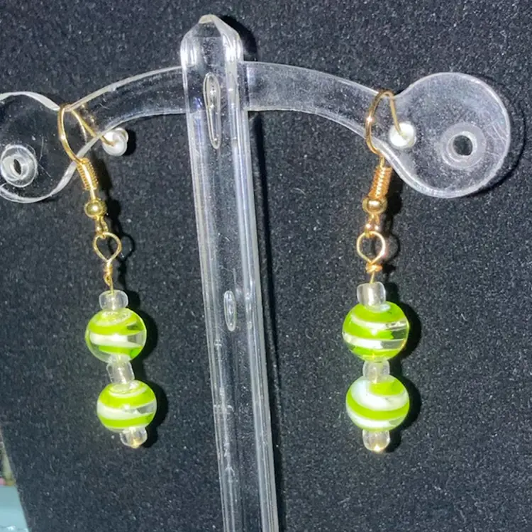 UV Reactive Glass Green And White Swirl 2” Drop Earrings! Gold Tone Fish Hooks.  Made By Me!