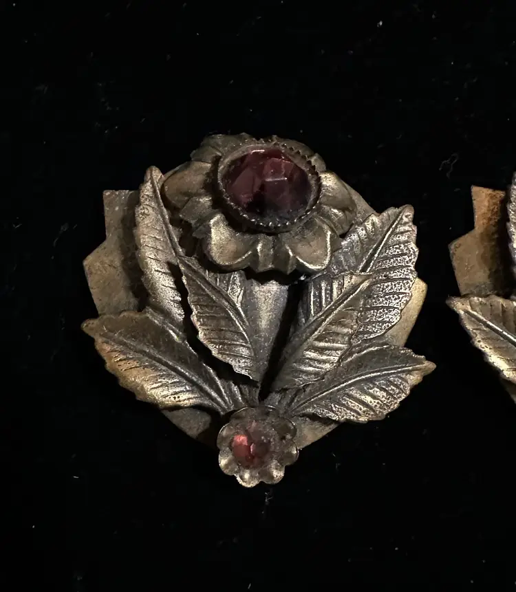 Pair of Antique Art Deco Dress Clips Brass Flower Purple Jewel
