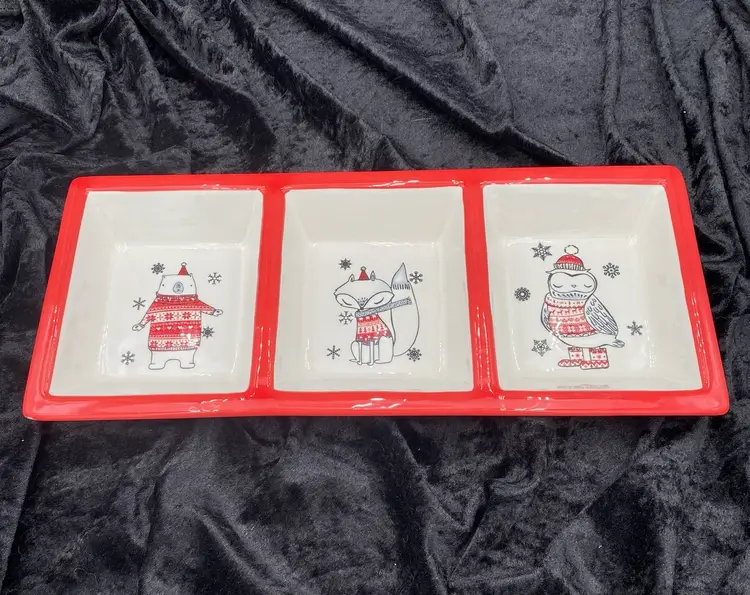 Vtg. Arlington Designs Winter Holiday Divider Tray, 3 Sections, Bear, Fox & Owl
