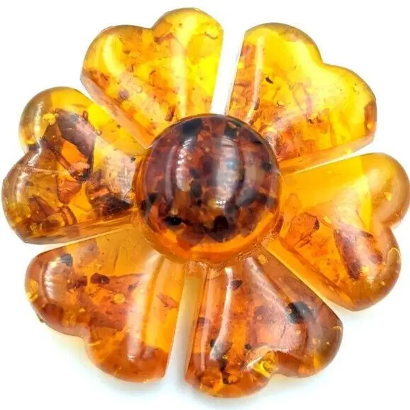 Honey Color Reconstituted Amber Carved Flower Brooch Vintage Unmarked