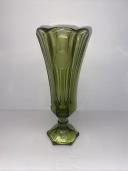 Vintage  Olive Green Fostoria glass vase featuring the Coin Pattern
